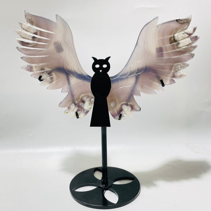 2 Pairs Sakura Flower Agate Owl Wing Carving With Stand