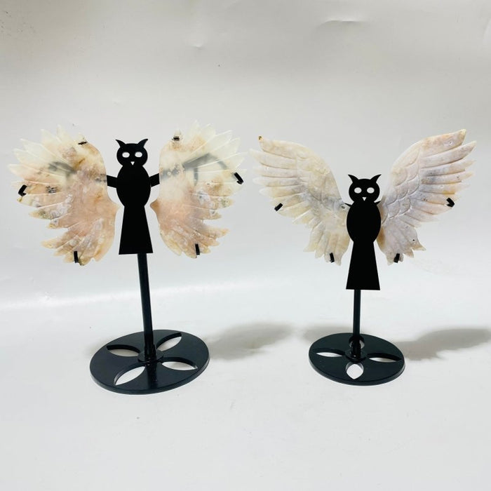 2 Pairs Sakura Flower Agate Small Owl Wing Carving With Stand