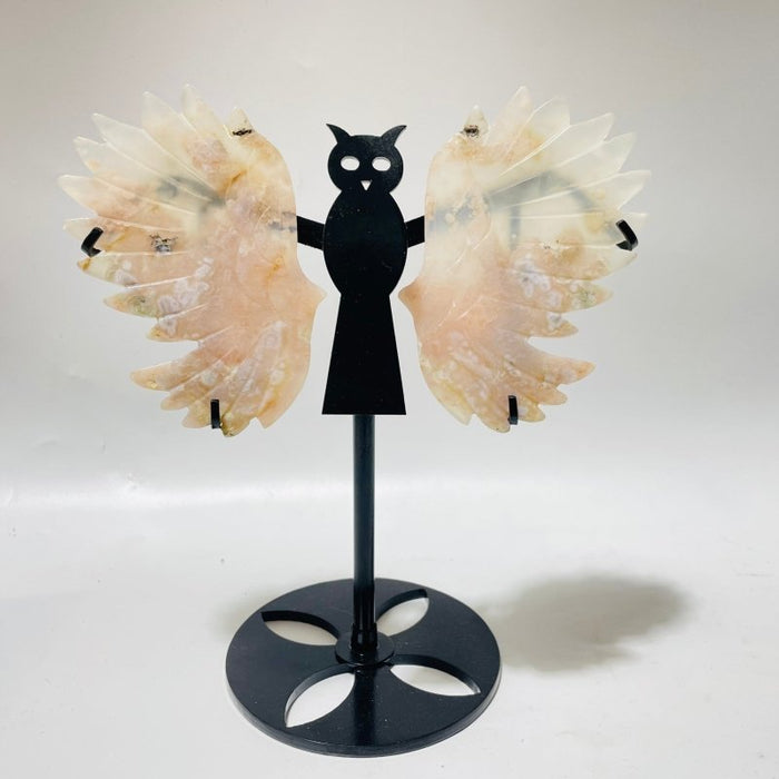 2 Pairs Sakura Flower Agate Small Owl Wing Carving With Stand