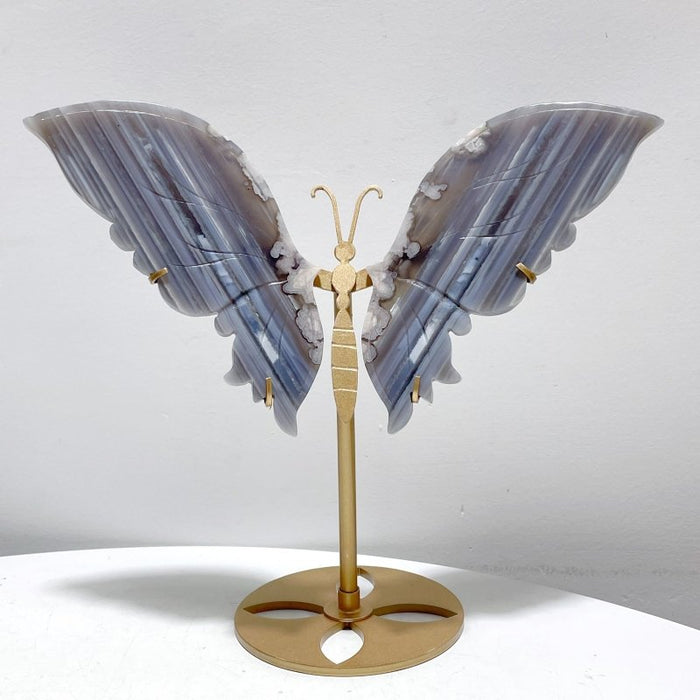 2 Pairs Stripe Agate Symmetry Butterfly Carving With Stand