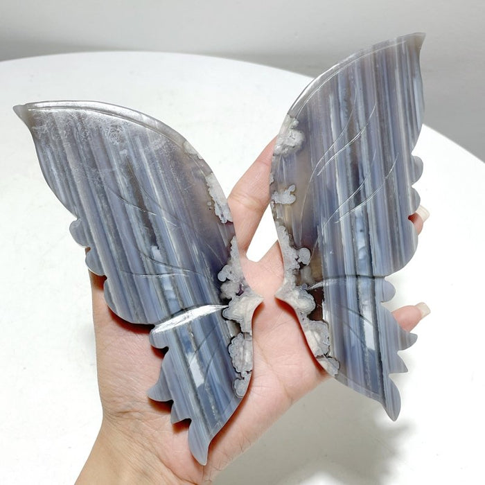 2 Pairs Stripe Agate Symmetry Butterfly Carving With Stand