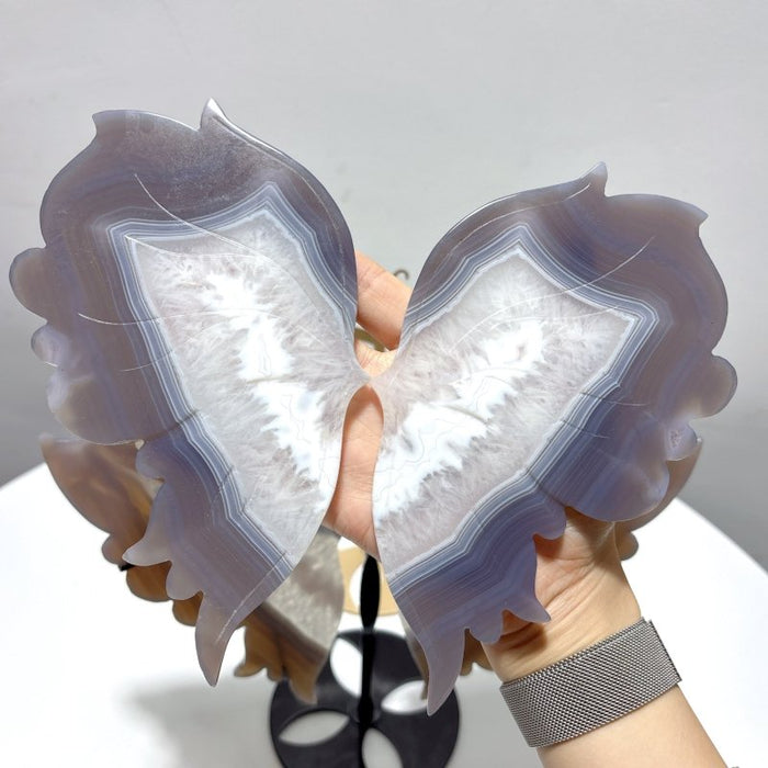 2 Pairs Stripe Agate Symmetry Butterfly Wing Carving With Stand