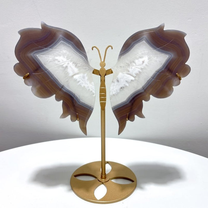 2 Pairs Stripe Agate Symmetry Butterfly Wing Carving With Stand