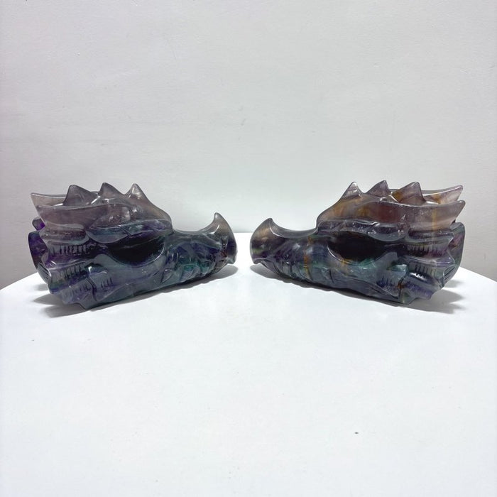 2 Pieces 10.5in Large Colorful Fluorite Dragon Head Carving