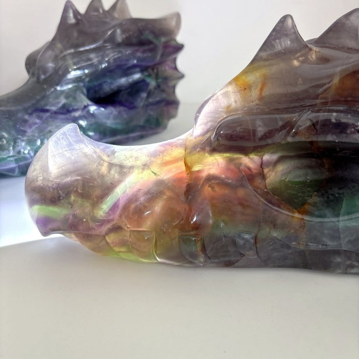 2 Pieces 10.5in Large Colorful Fluorite Dragon Head Carving
