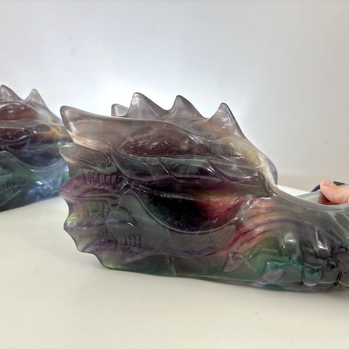 2 Pieces 10.5in Large Colorful Fluorite Dragon Head Carving