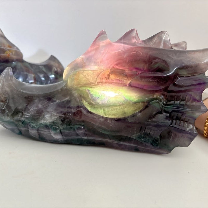 2 Pieces 10.5in Large Colorful Fluorite Dragon Head Carving