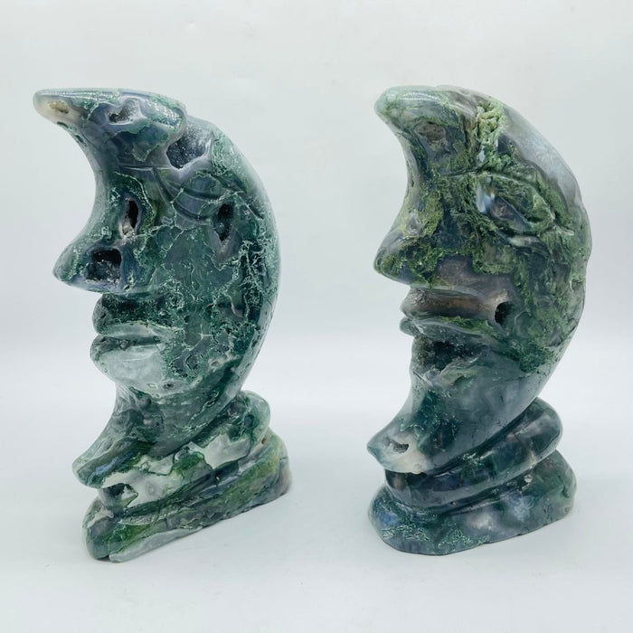 2 Pieces Beautiful Moss Agate Moon Face
