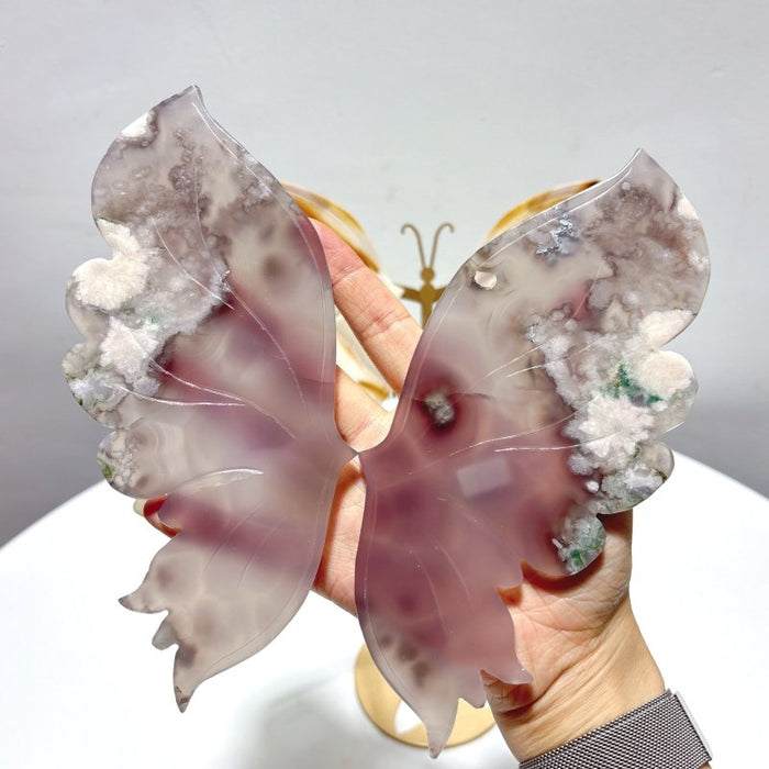 2 Pieces Butterfly Carving With Stand Flower Agate Mookaite