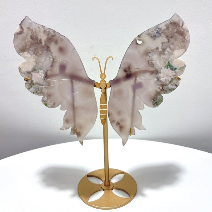 2 Pieces Butterfly Carving With Stand Flower Agate Mookaite