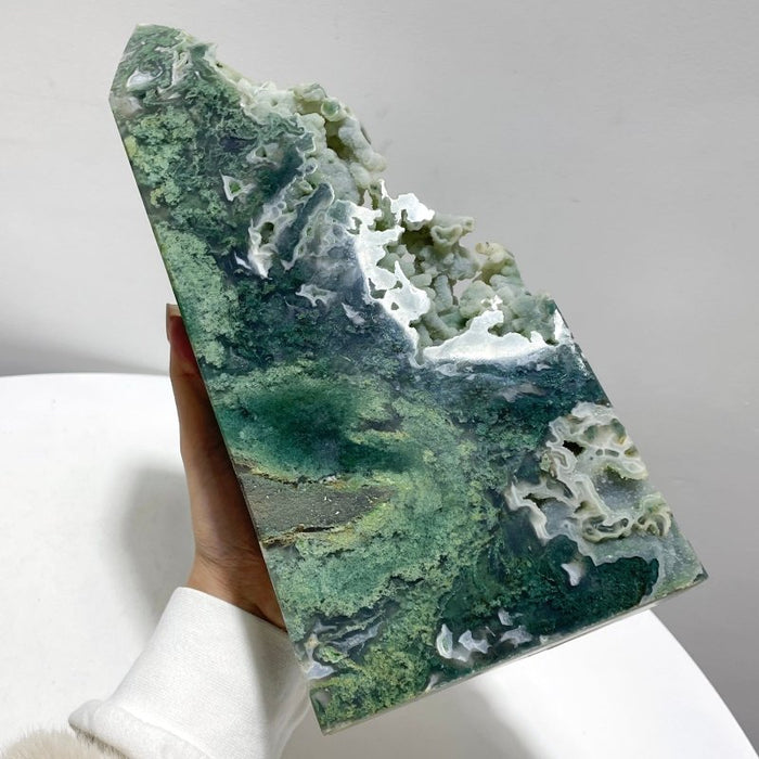 2 Pieces Large Druzy Moss Agate Geode Rough-Sided Tower