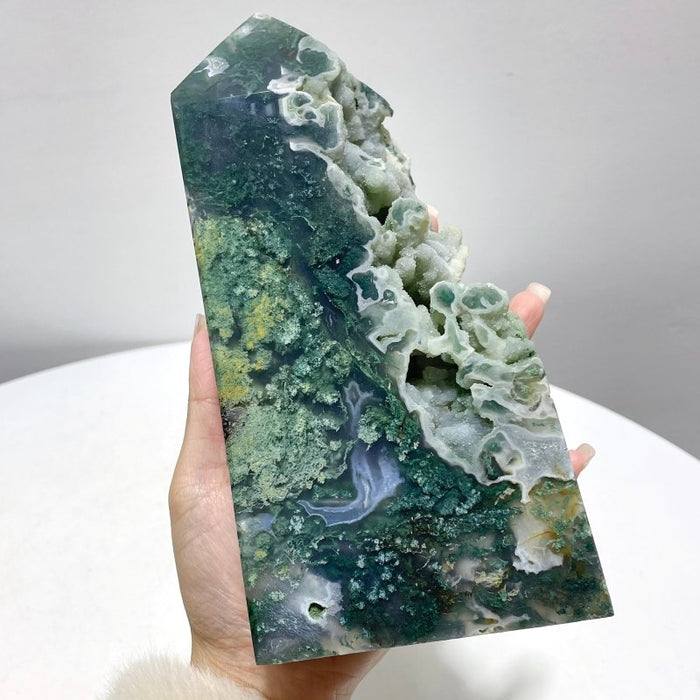 2 Pieces Large Druzy Moss Agate Geode Rough-Sided Tower