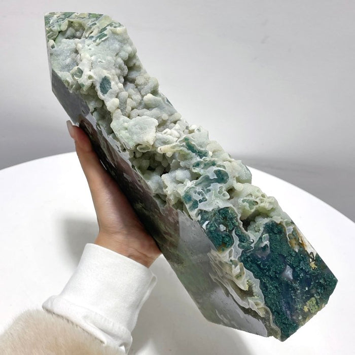 2 Pieces Large Druzy Moss Agate Geode Rough-Sided Tower