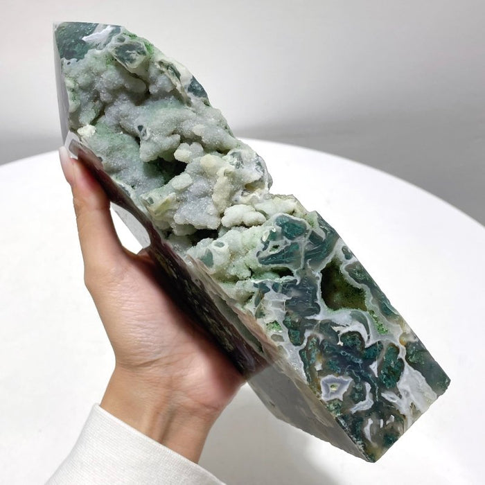 2 Pieces Large Druzy Moss Agate Geode Rough-Sided Tower