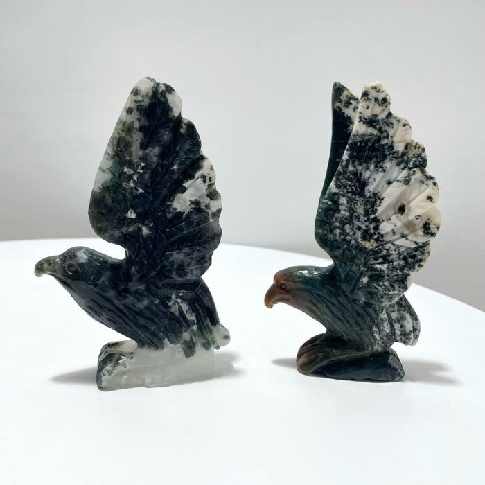 2 Pieces Moss Agate Eagle Carving
