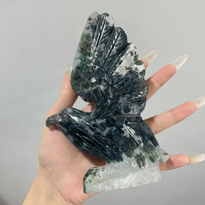 2 Pieces Moss Agate Eagle Carving