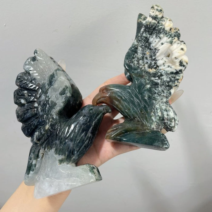 2 Pieces Moss Agate Eagle Carving