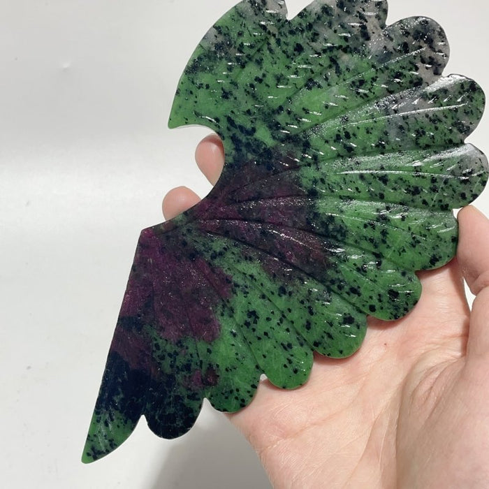 2 Pieces Ruby Zoisite Stone Feather Heart Carving With Stand