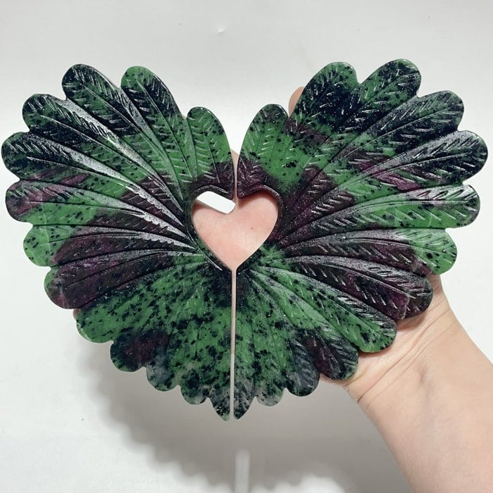 2 Pieces Ruby Zoisite Stone Feather Heart Carving With Stand