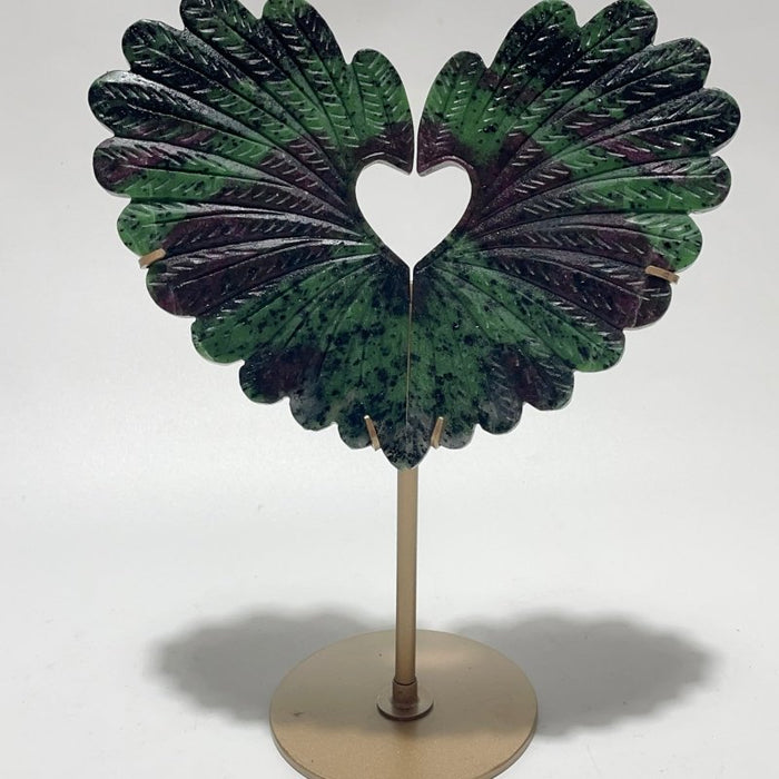 2 Pieces Ruby Zoisite Stone Feather Heart Carving With Stand