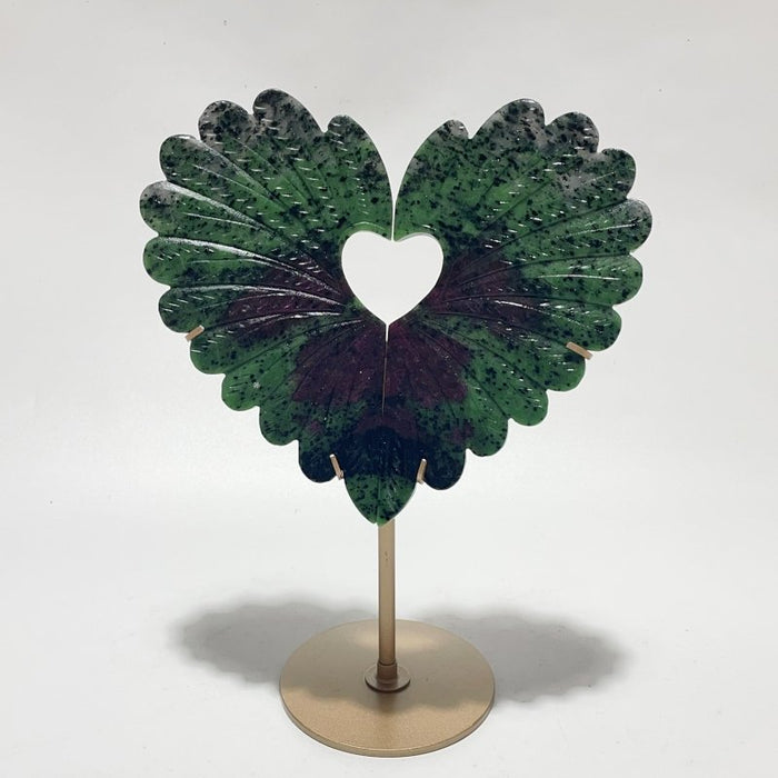 2 Pieces Ruby Zoisite Stone Feather Heart Carving With Stand