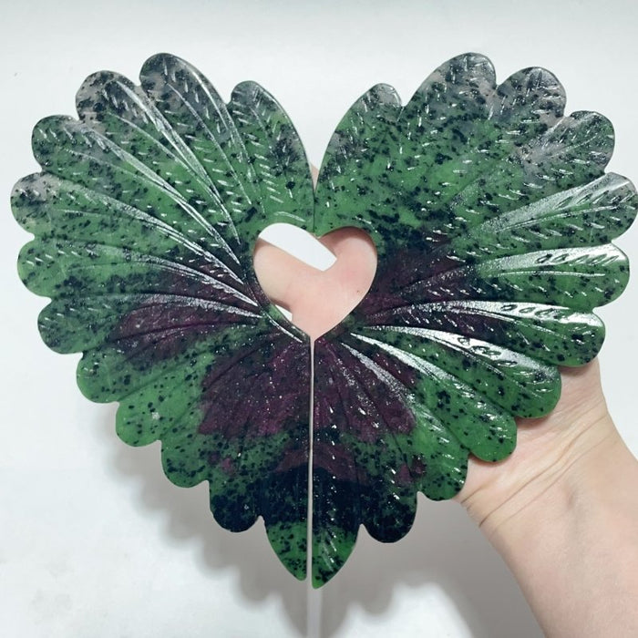 2 Pieces Ruby Zoisite Stone Feather Heart Carving With Stand
