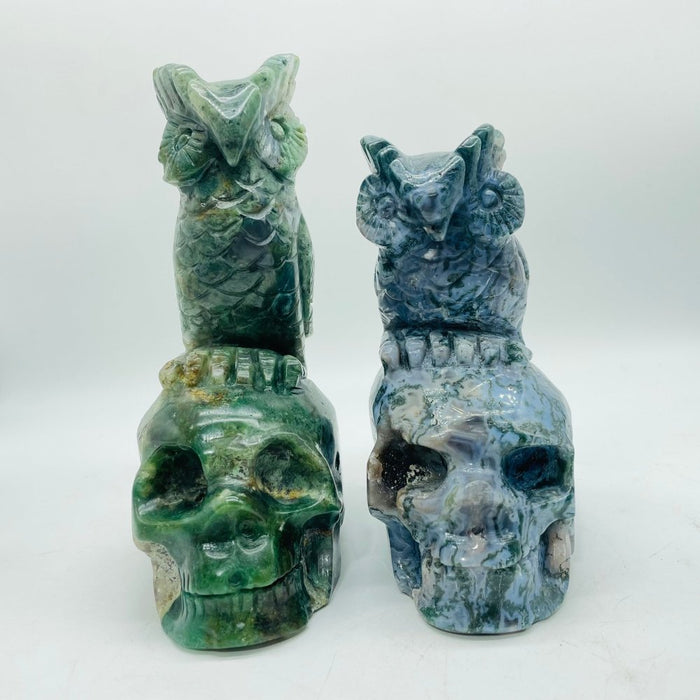 2 Pieces Unique Moss Agate Skull With Owl Carving