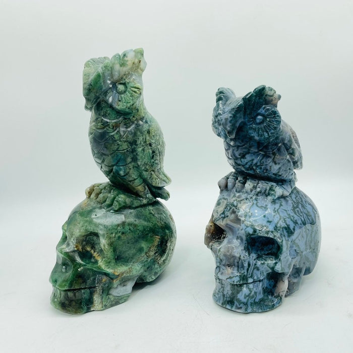 2 Pieces Unique Moss Agate Skull With Owl Carving