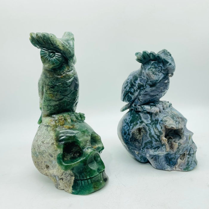 2 Pieces Unique Moss Agate Skull With Owl Carving