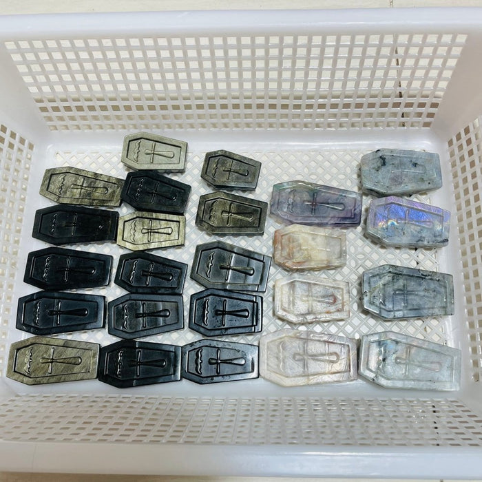 24 Pieces Mixed Stone Coffin Carving labradorite & Gold Obsidian Sunstone Fluorite