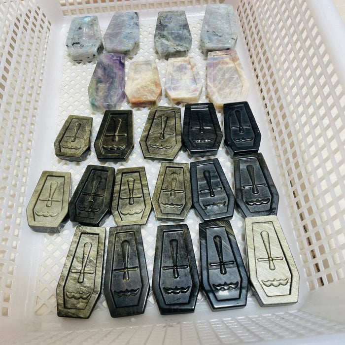 24 Pieces Mixed Stone Coffin Carving labradorite & Gold Obsidian Sunstone Fluorite