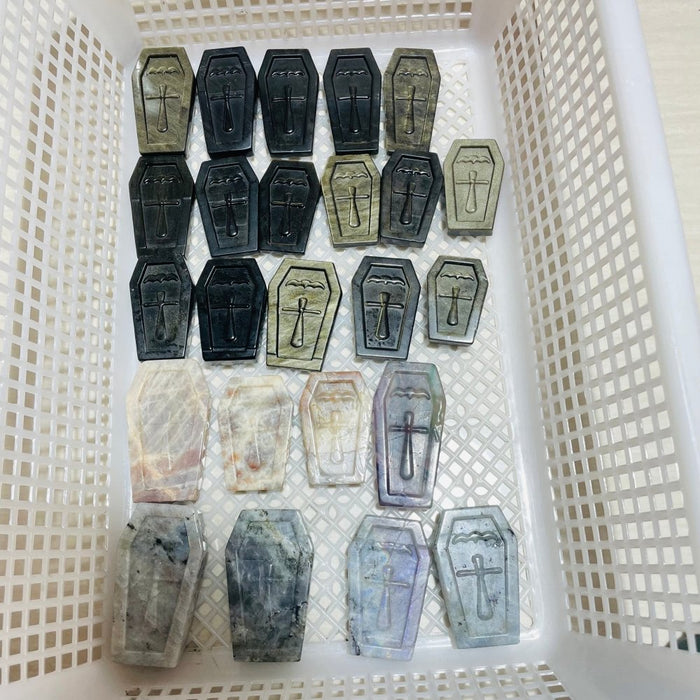 24 Pieces Mixed Stone Coffin Carving labradorite & Gold Obsidian Sunstone Fluorite