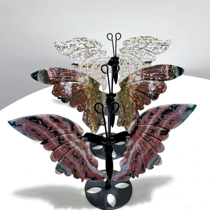 3 Pairs 8th Vein Ocean Jasper Butterfly Wing Carving With Stand #3