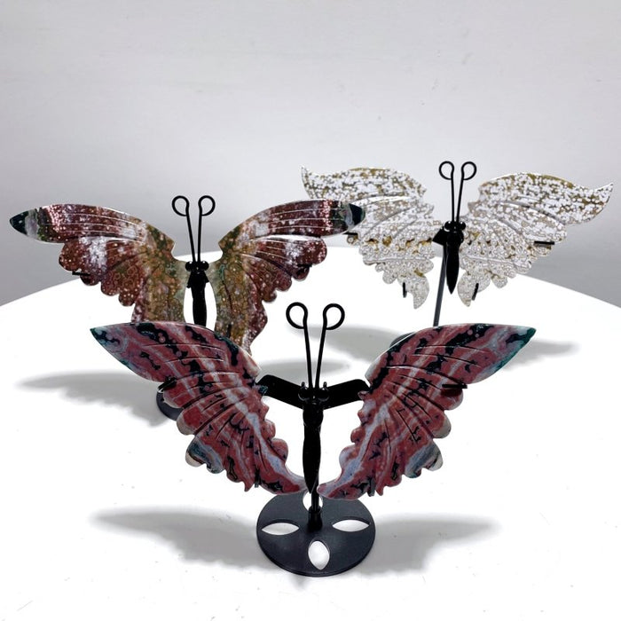 3 Pairs 8th Vein Ocean Jasper Butterfly Wing Carving With Stand #3