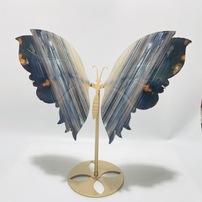 3 Pairs Beautiful Grey Stripe Agate Butterfly Carving With Stand