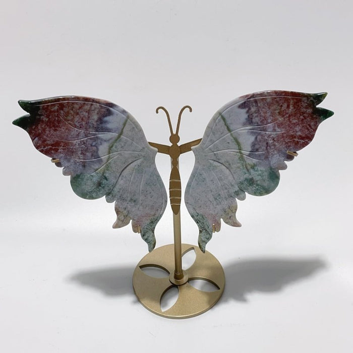 3 Pairs Butterfly Wing Carving With Stand Amethyst Mixed Agate Ocean Jasper