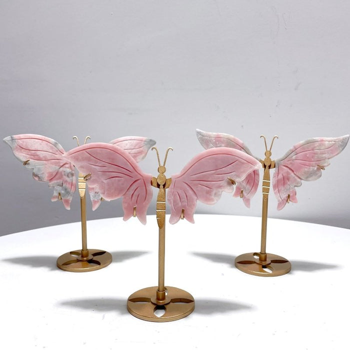 3 Pairs Cute Pink Opal Butterfly Wing Carving With Stand