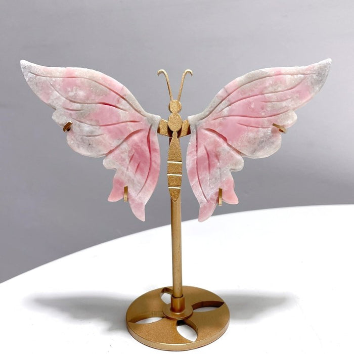 3 Pairs Cute Pink Opal Butterfly Wing Carving With Stand