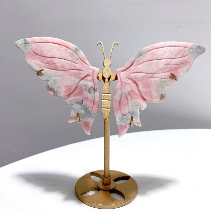 3 Pairs Cute Pink Opal Butterfly Wing Carving With Stand