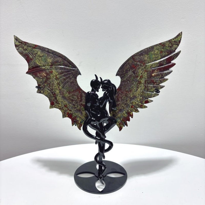 3 Pairs Demon And Angel Wing Carving With Stand Dragon Blood Rhodonite Trolleite