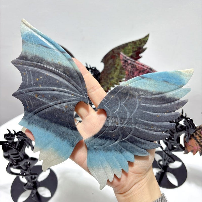 3 Pairs Demon And Angel Wing Carving With Stand Dragon Blood Rhodonite Trolleite