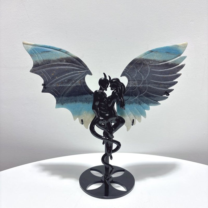 3 Pairs Demon And Angel Wing Carving With Stand Dragon Blood Rhodonite Trolleite