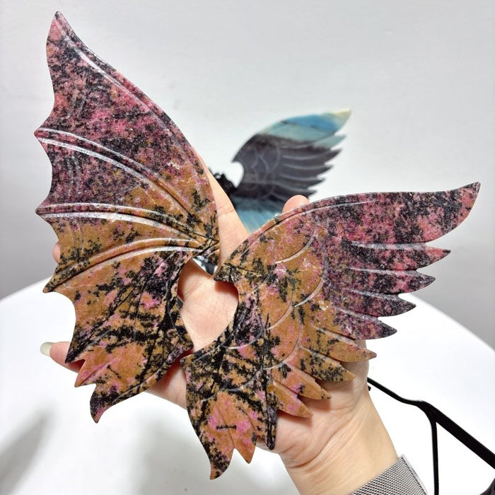 3 Pairs Demon And Angel Wing Carving With Stand Dragon Blood Rhodonite Trolleite