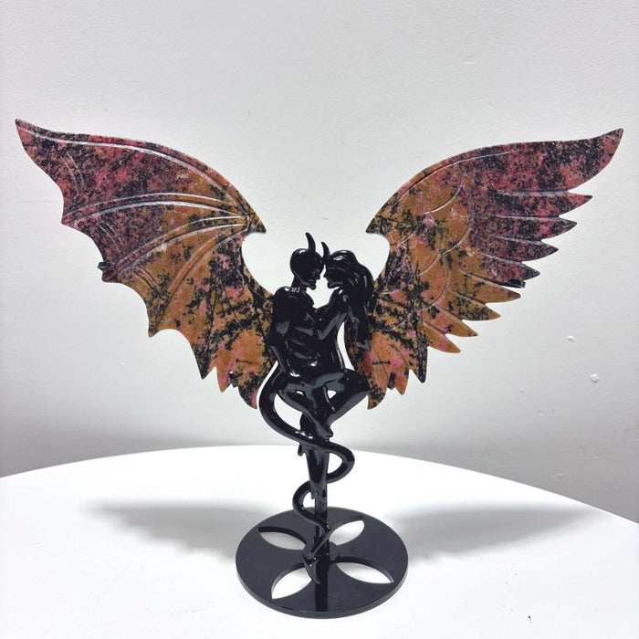3 Pairs Demon And Angel Wing Carving With Stand Dragon Blood Rhodonite Trolleite