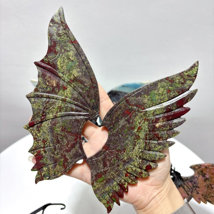 3 Pairs Demon And Angel Wing Carving With Stand Dragon Blood Rhodonite Trolleite