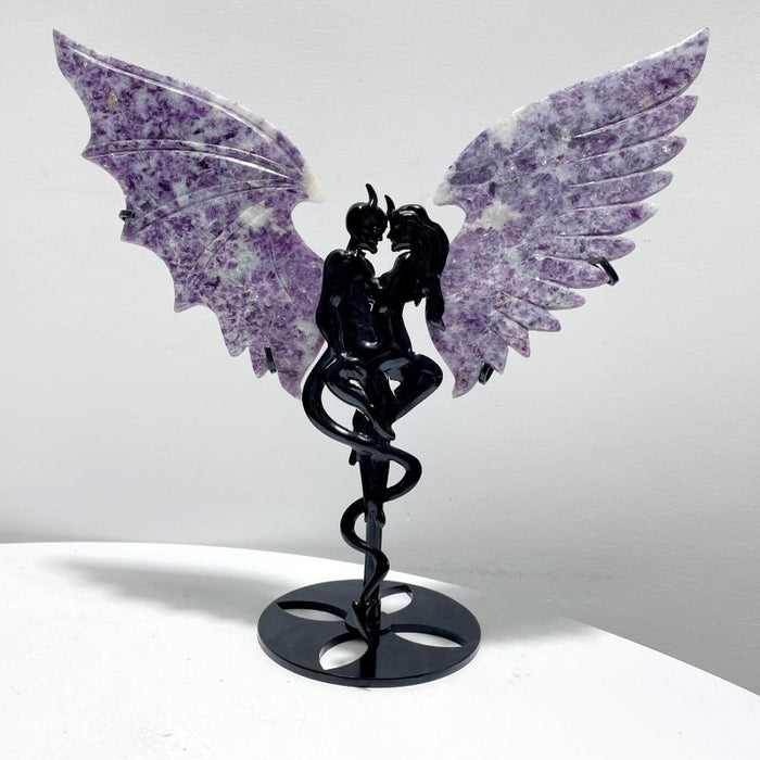 3 Pairs Demon And Angel Wing Carving With Stand Lepidolite Pyrite Crazy Agate