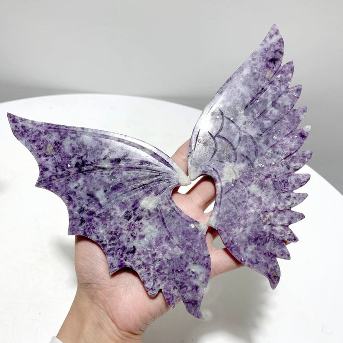 3 Pairs Demon And Angel Wing Carving With Stand Lepidolite Pyrite Crazy Agate