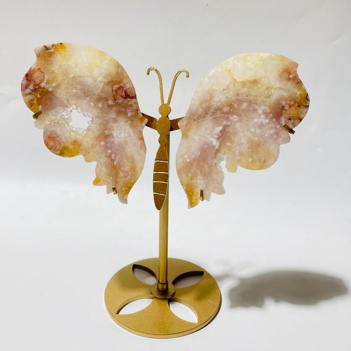 3 Pairs Geode Sakura Flower Agate Butterfly Wing Carving With Stand