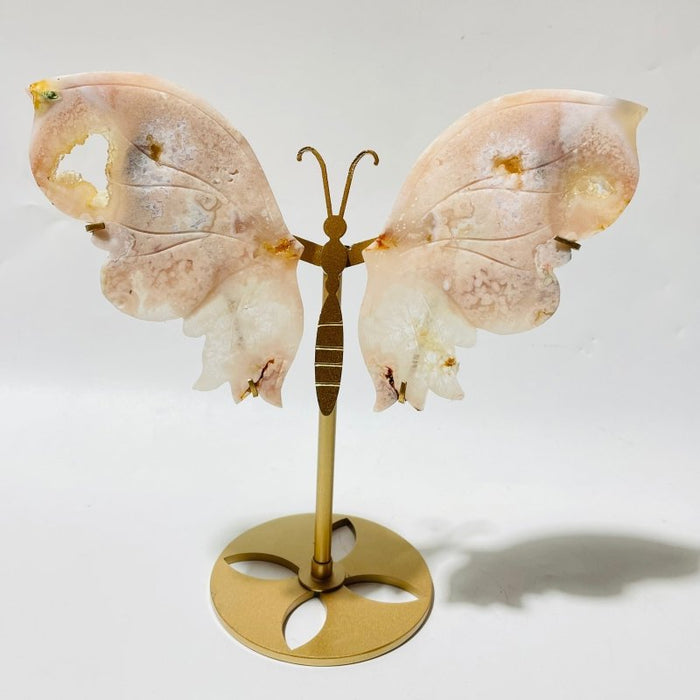 3 Pairs Geode Sakura Flower Agate Butterfly Wing Carving With Stand
