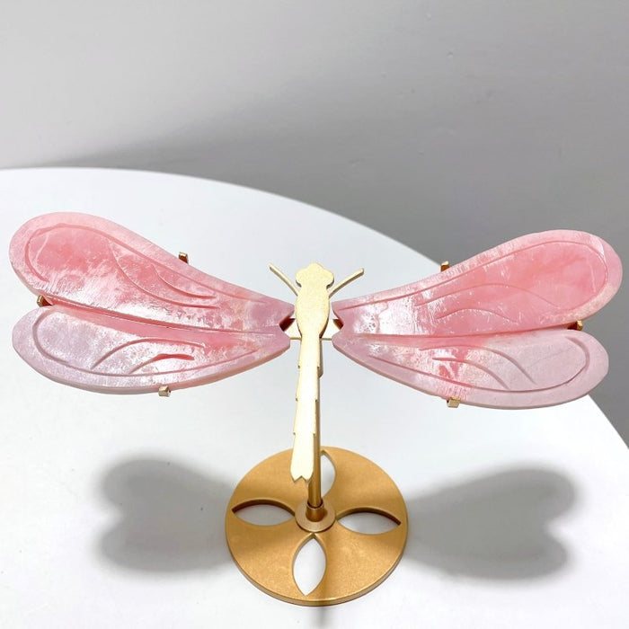 3 Pairs Pink Opal Dragonfly Wing Carving With Stand